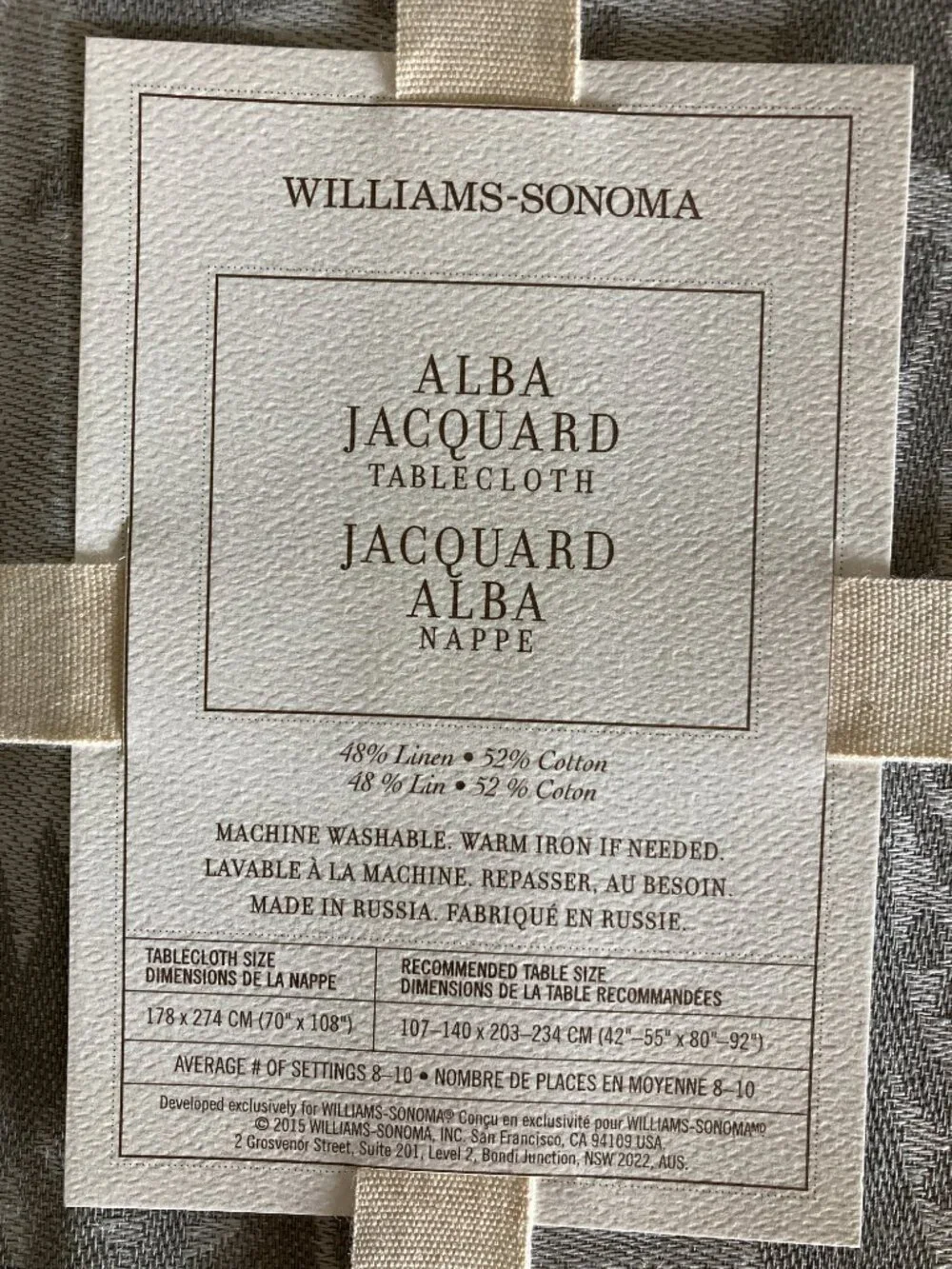 NWT Williams-Sonoma Alba Jacquard Tablecloth linen cotton grey 70